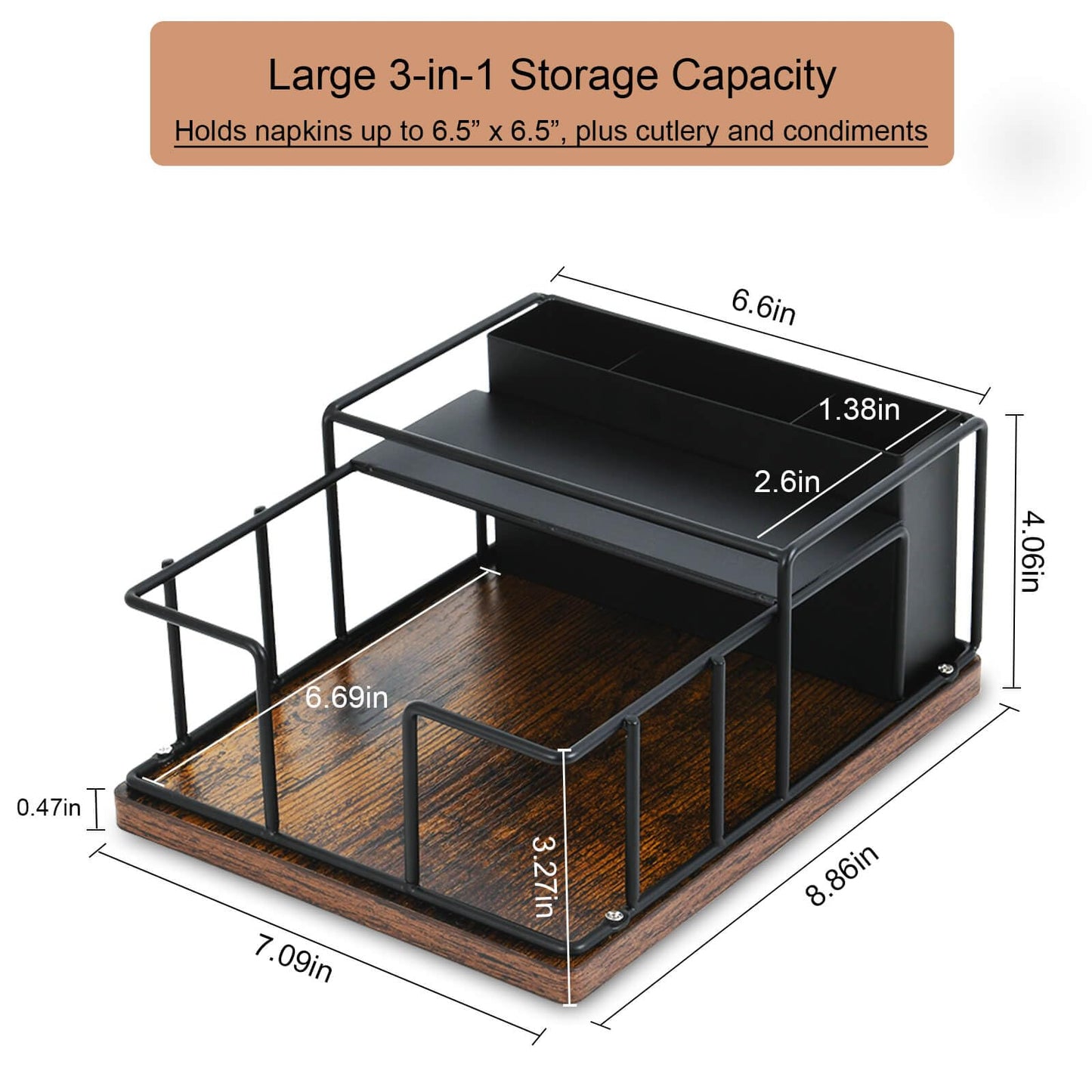 Napkin Holder for Table, Metal Napkin Holder Dispenser with Salt and Pepper Shakers Storage, 3-in-1 Utensil Holder Spice Rack for Kitchen Dining Table Buffet Patio Camping (Black)