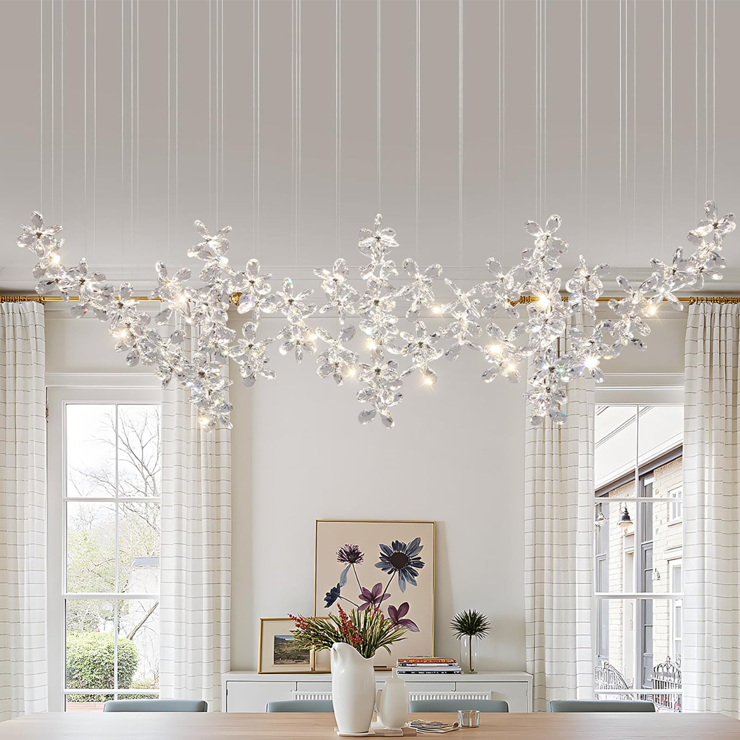 HAILUNBAO Rectangle Modern Dining Room Chandelier Kitchen Island K9 Crystal Raindrop Chandelier Sliver Linear Flower Chandelier for Dining Room Rain Drop Bling Lamps Kitchen Chandeliers Over Island