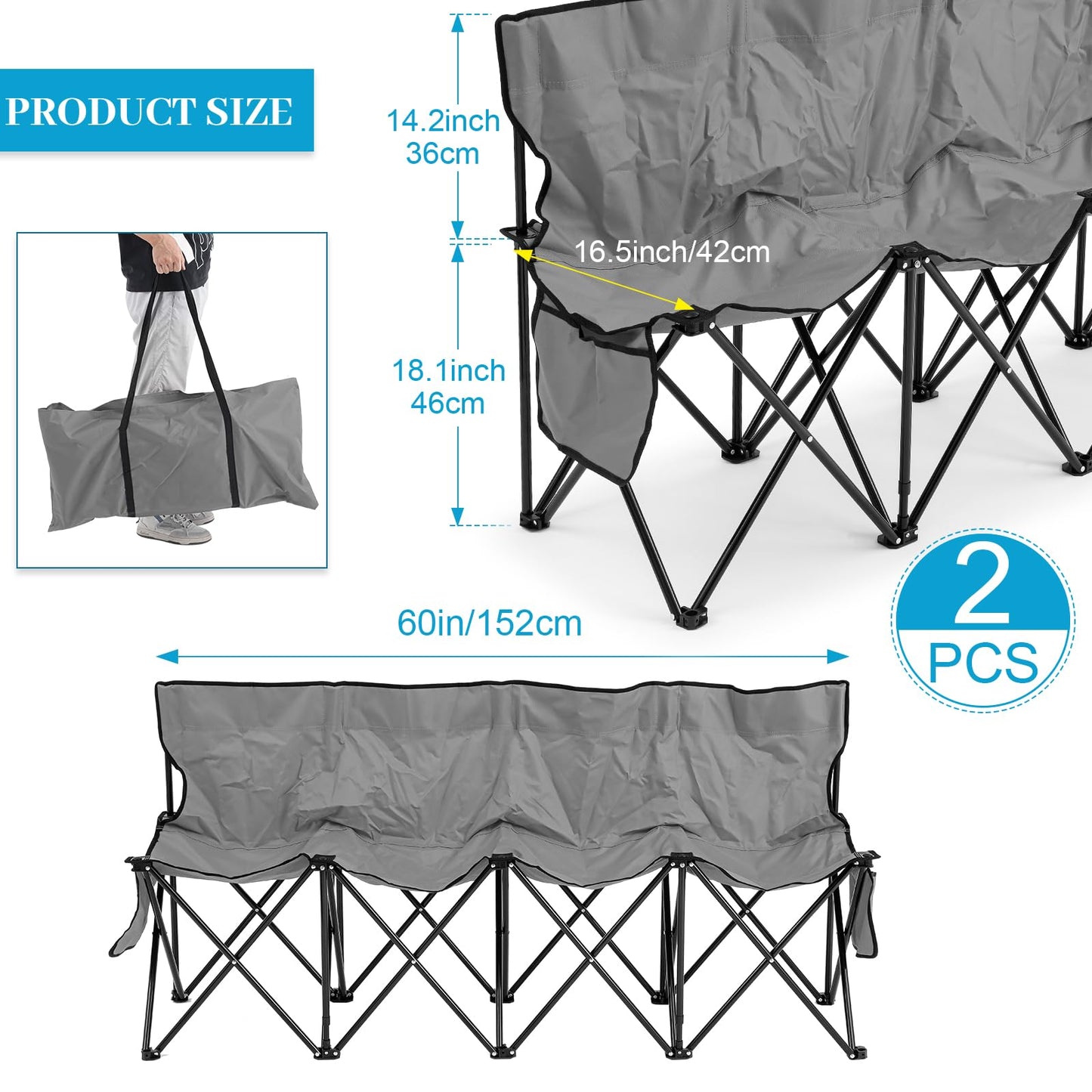 Kigley 2 Pack 4 Seat Folding Soccer Bench, Portable Sports Bench with Carry Bag and Side Pockets, 8 Person Sideline Chairs for Football Basketball Camping Practice Games(Gray)