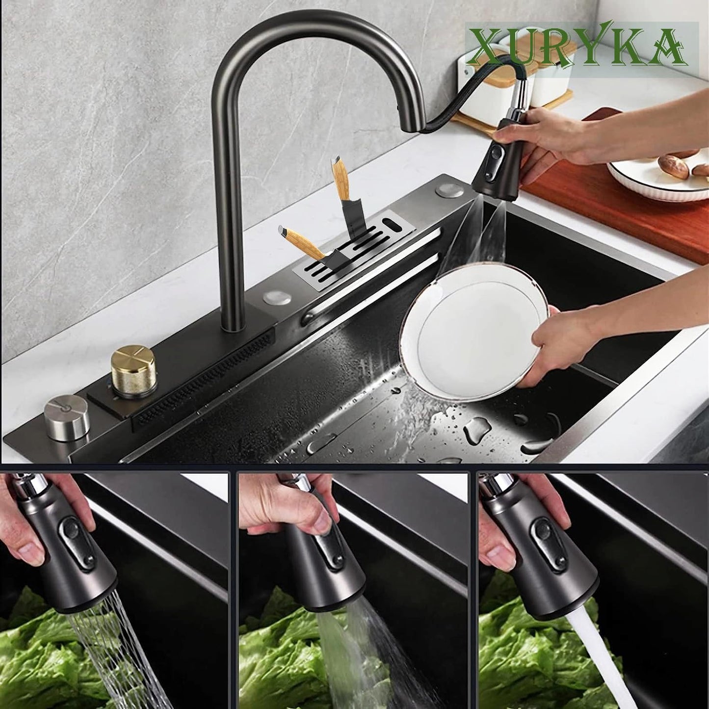 31.5x17.7 Inch Waterfall Kitchen Sink, Black Single Bowl Sinks Pull Down Sprayhead Faucet Kitchen Sink with Cup Washer