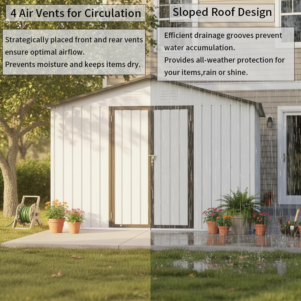 Ball & Cast 10x12 FT Sheds & Outdoor Storage,Metal Aluminum Garden Shed,with Punched Vents,Waterproof Cabinet w/Hinged Door and Padlock,Tool House for Storing Bicycles,Lawnmowers,Barbeques,White+Grey