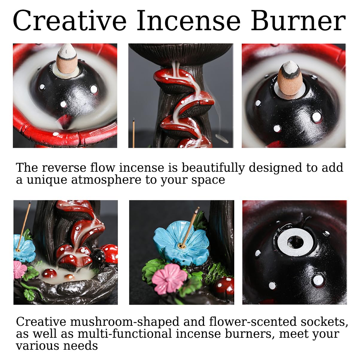 Mushroom Backflow Incense Holder, Resin Aromatherapy Decor with Smoke Cascade Effect for Home Relaxation, Meditate Stress Relief Waterfall Incense Burner Fountain with Cones Zen Room Decor