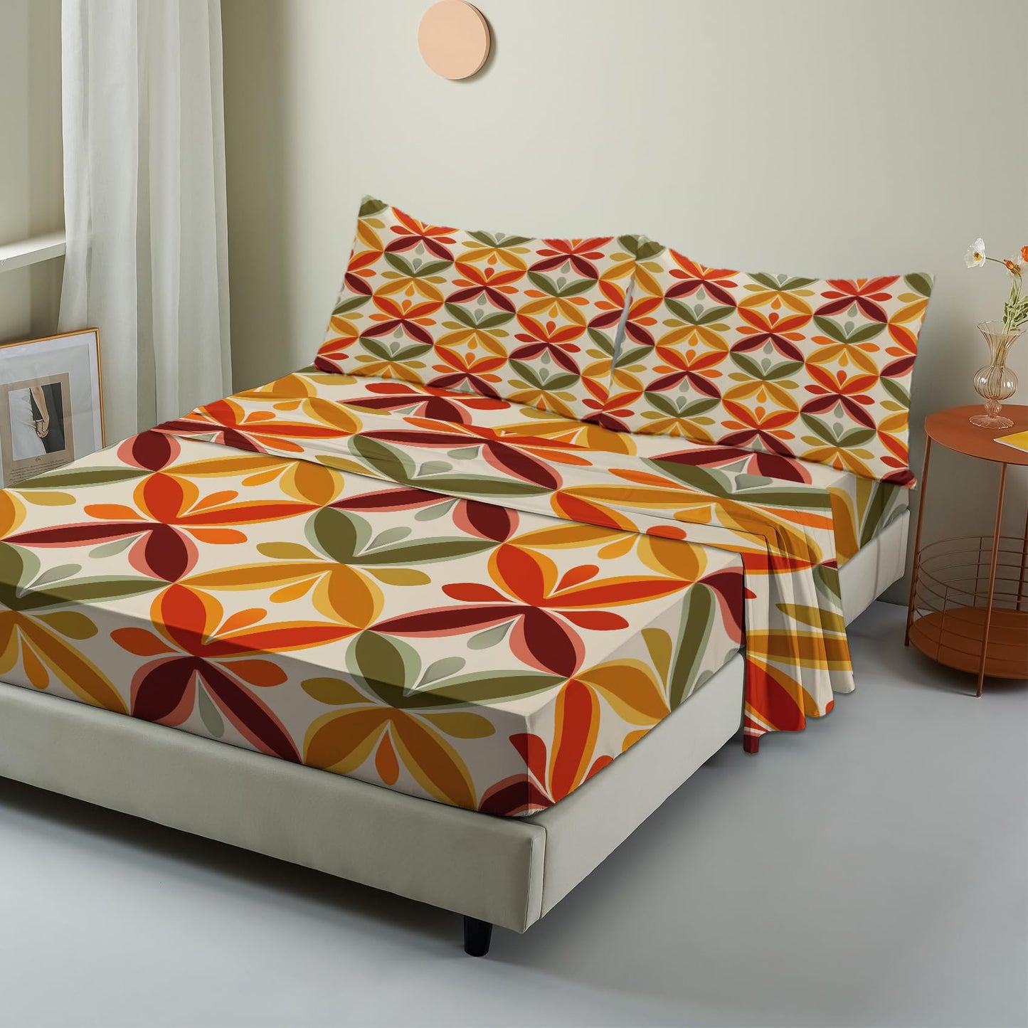NOGAWA Retro Geometric Sheets King Size, 70s Bed Sheets, Colorful Bedding Sheets, Pillowcases 4 Piece Set, Microfiber Deep Pocket Fitted Sheet, Flat Sheet, 2 Pillow Cases