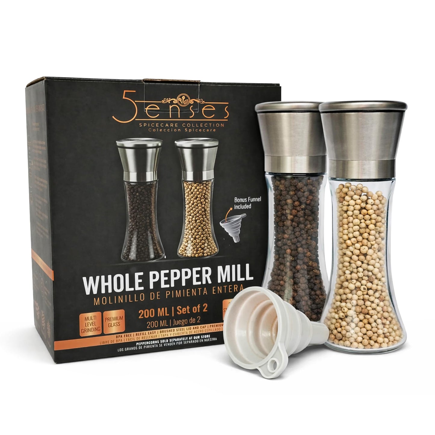 5Senses SpiceCare Salt and Pepper Grinder Set of 2 (200ml) | Stainless Steel & Glass Manual Pepper Mill | Adjustable Ceramic Coarseness | Refillable Salt Shaker for Peppercorns, Sea Salt & Spices