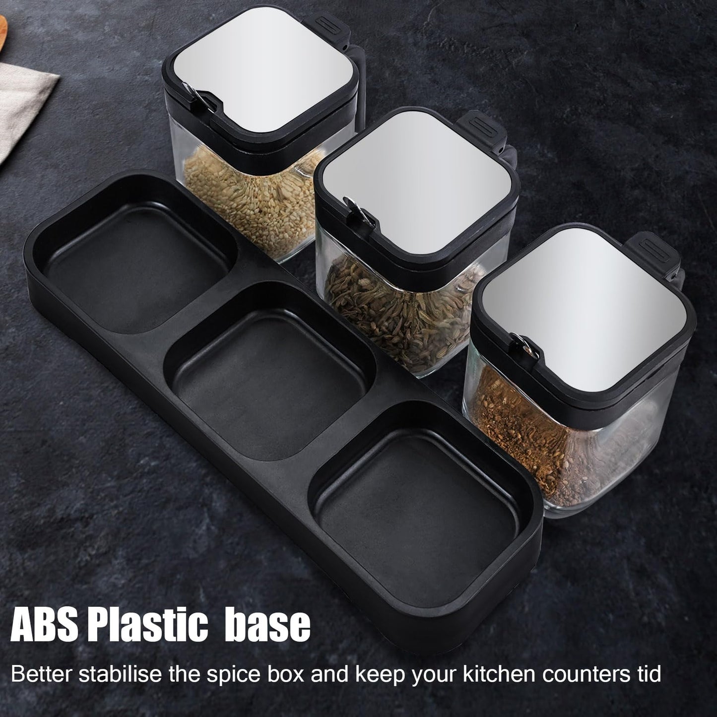 JEPELUS 3 Pcs Condiment Jar Spice Container with Lids and Spoons, Clear Glass Salt and Sugar Container Sets, Square Condiment Canisters Pots Seasoning Box for Kitchen Countertop (Black)