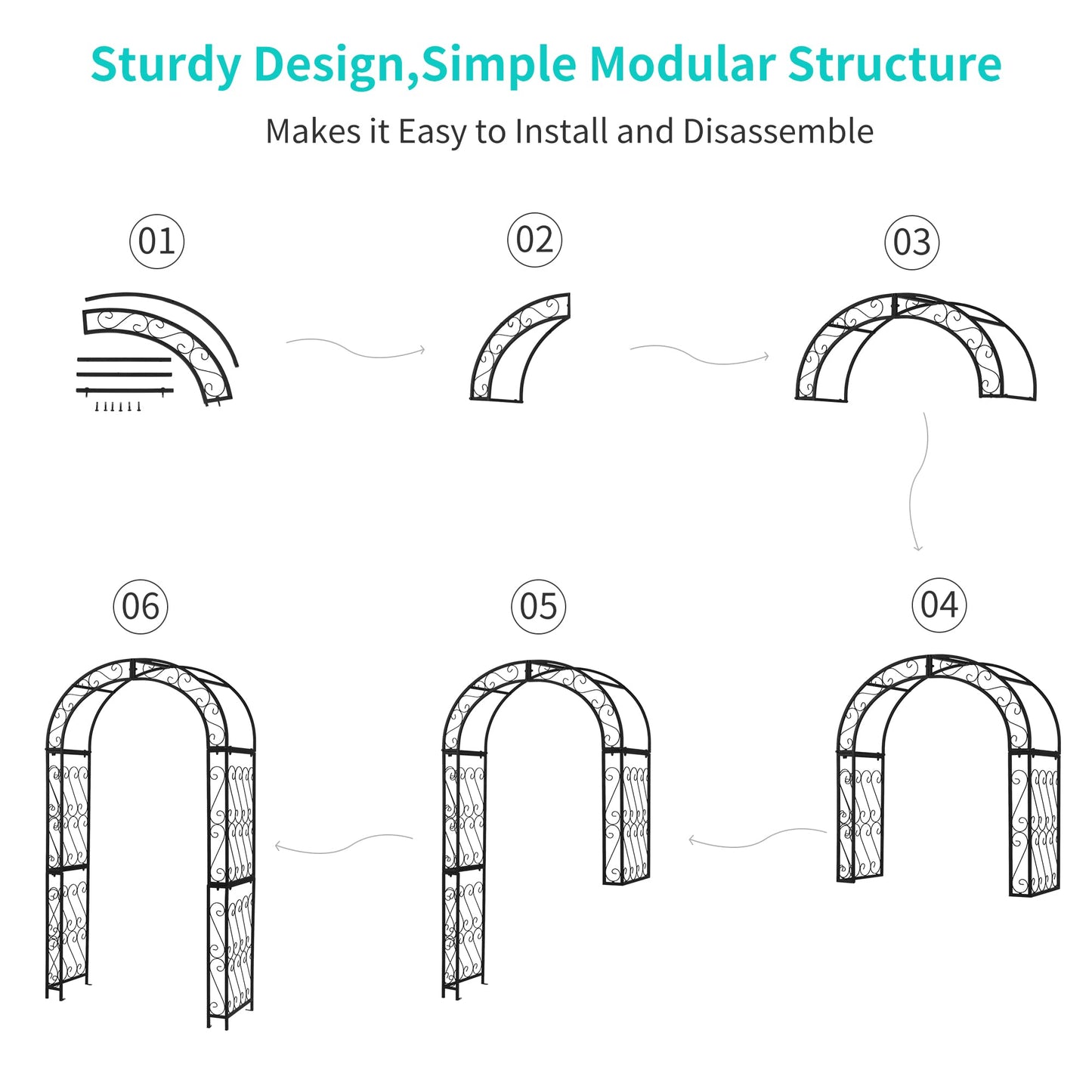 Flohover 48.8" W x 83.8" H Garden Arch, Black Sturdy Metal Iron Arbor, Courtyard Cast Trellis for Various Climbing Plant, Outdoor European-Style Archway Wedding Ceremony Party