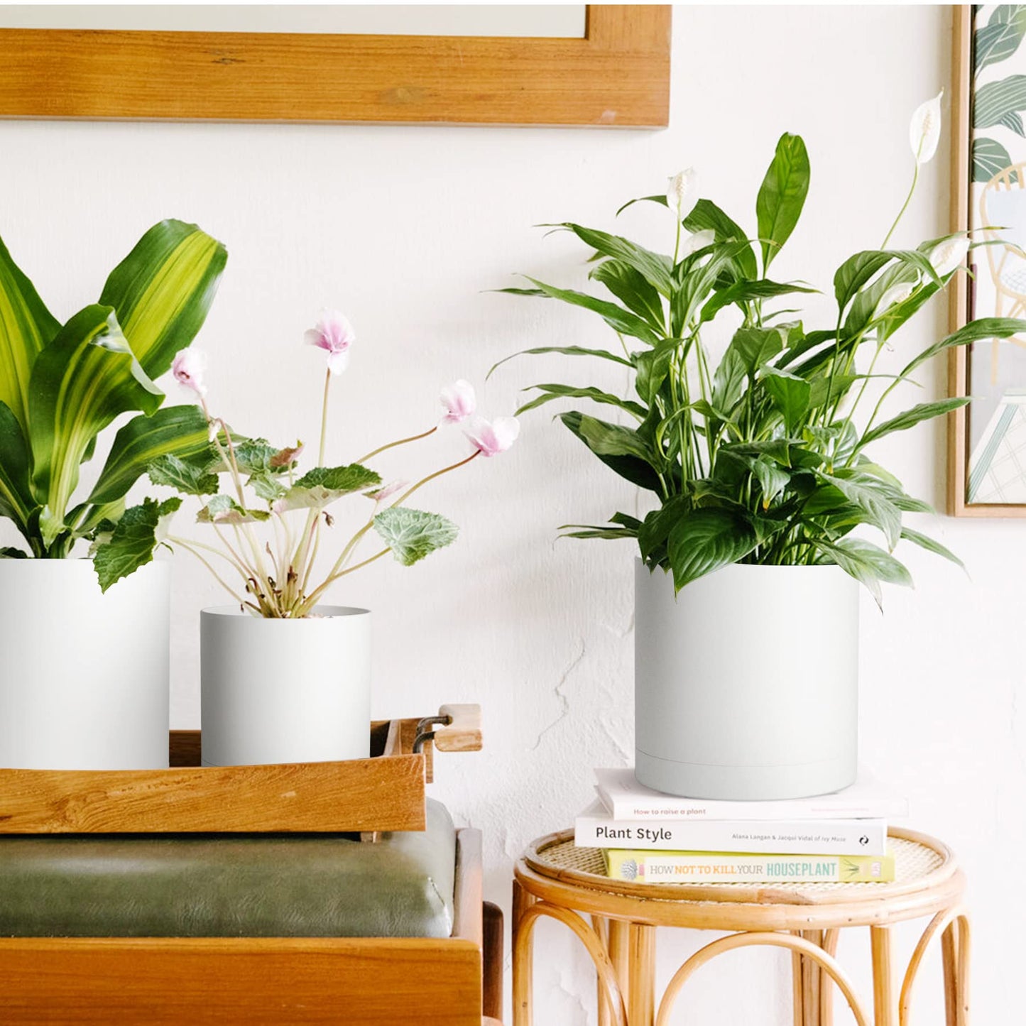 T4U 10/12.5/15/17.5 cm Plastic Flower Pot with Multiple Drainage Holes, Set of 4 Planters, Herb Pot with Saucer, Round Plant Pot for Indoor and Balcony Succulent Cactus, White