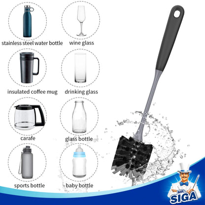 MR.SIGA Long Handle Bottle Brush, Cleaning Brush for Water Bottle, Glassware, 2 Pack