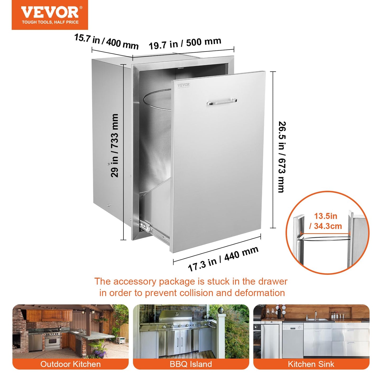 VEVOR Outdoor Kitchen Trash Drawer, 19.7"W x 29"H x 15.7"D Inch, Outdoor Kitchen Cabinets, Stainless Steel BBQ Island Drawers, Trash Pull Out Drawer, Outdoor Grill Drawers, BBQ Trash Bin(Not Included)