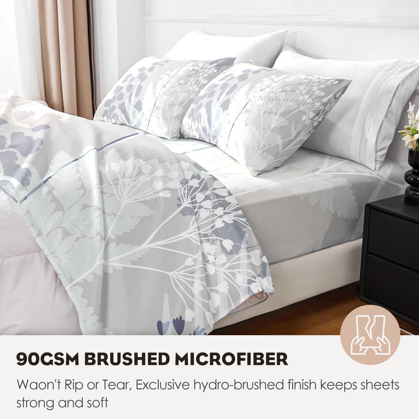HCORA Floral King Size Sheets Set, Luxury 1800TC Hotel Quality Double Brushed Microfiber Deep Pocket Bed Sheets, Ultra Soft, Breathable and Cooling, 4PC, King