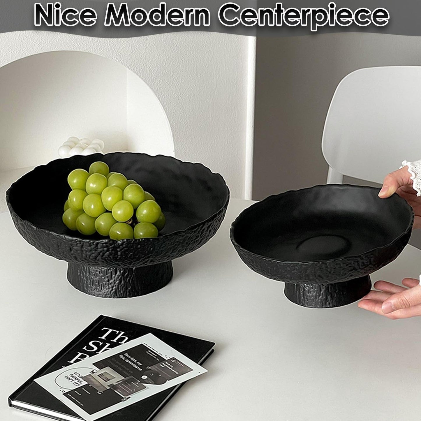 BZCWHWY Glass Fruit Bowl for Kitchen Counter, Black Pedestal Bowl, Large Footed Serving Bowl, Decorative Bowls for Centerpiece Home Decor, Modern Fruit Holder (Large 10.4 Inch)