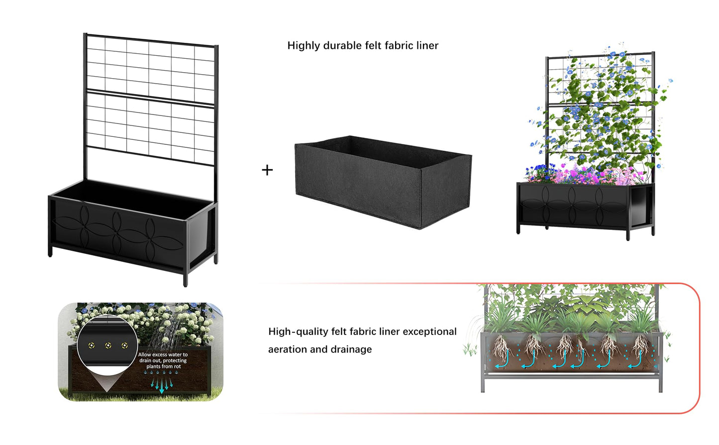 Zhongma Sturdy Raised Garden Bed with Trellis (15.75 x 35.43 x 48.8 in) for Vegetables Flower, Planter Box for Backyard Patio Balcony
