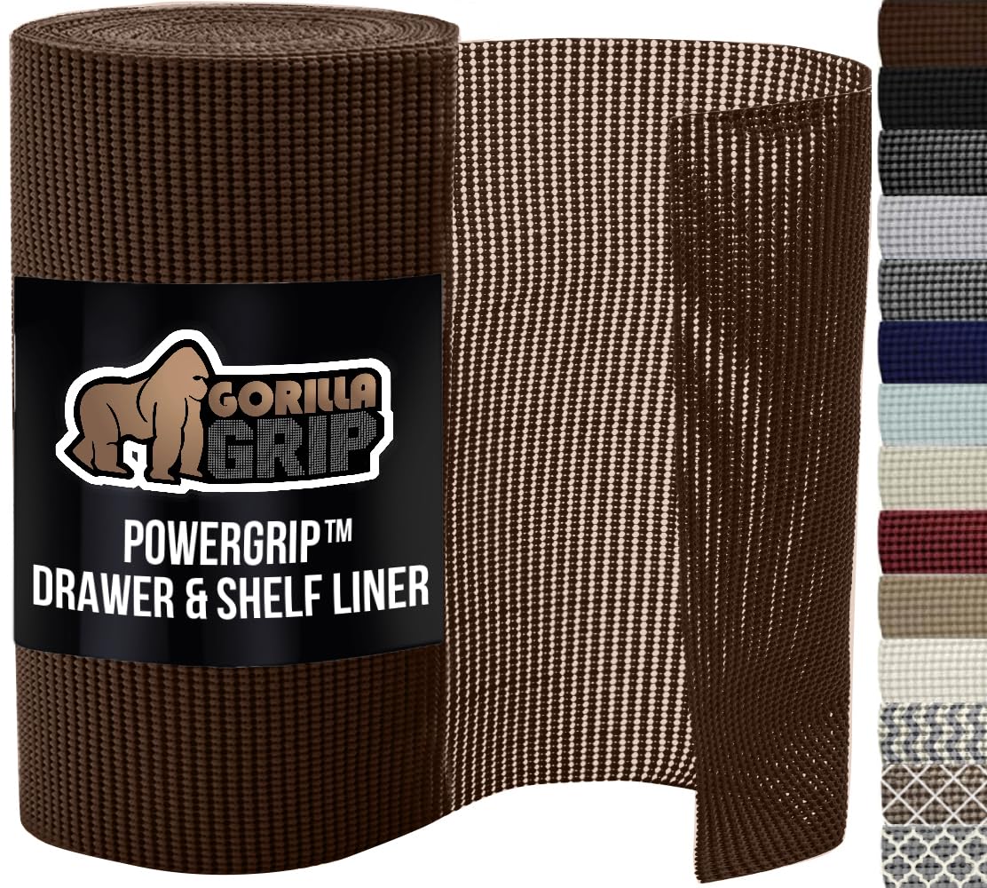GORILLA GRIP powerGRIP Drawer Shelf and Cabinet Liner, Thick Strong Hold, Non-Adhesive Liners Protect Kitchen Cabinets and Cupboard, Bathroom Drawers, Easy Install, Breathable Mat, 12" x10', Beige