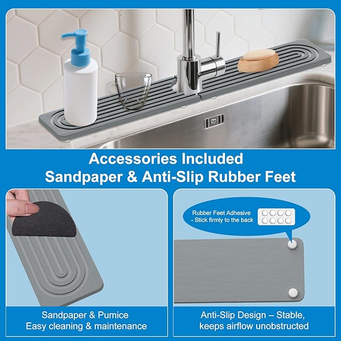 Faucet Mat for Kitchen Sink – 24"x4" Diatomite Stone Sink Splash Guard