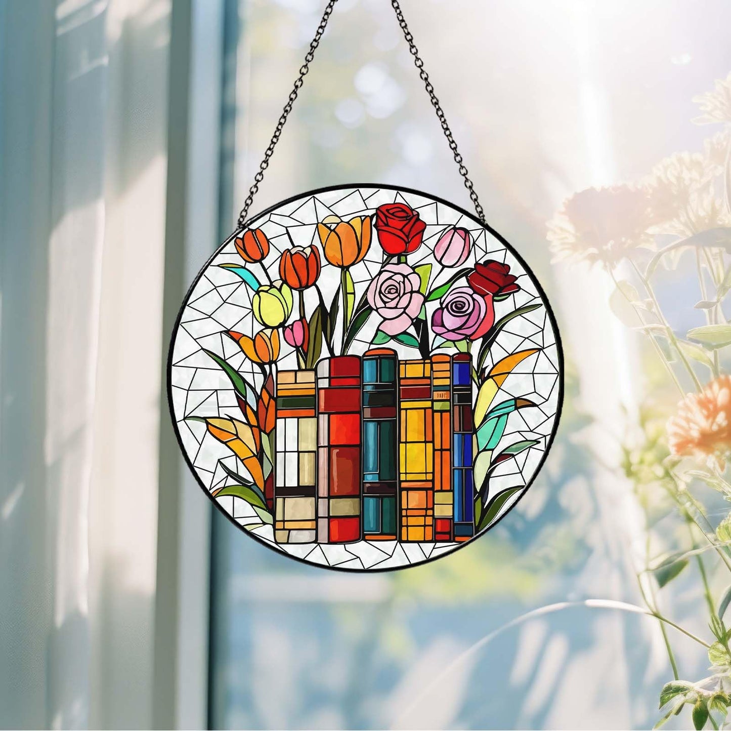 RVEAFA Flower Book Stained Glass Window Hanging 7.8'' Sun Catcher Book Club Lover Gifts for Women Christmas Wall Decor Handmade SunCatcher Decoration for Garden Home Bookish Library Decor