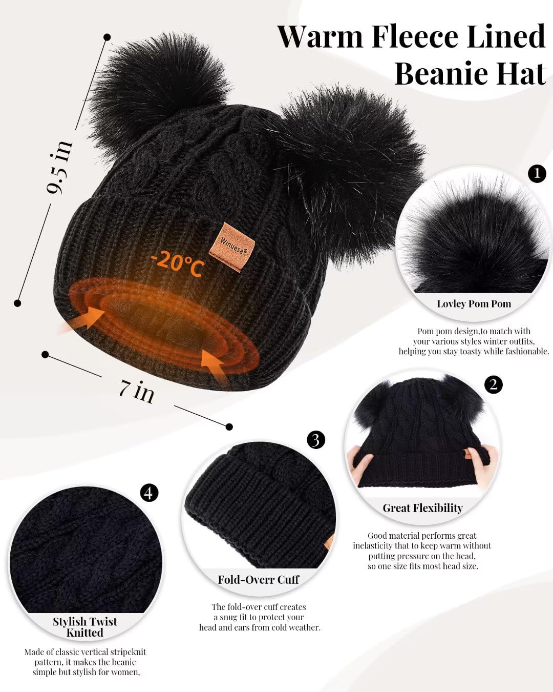Winter Hat Scarf Glove Set for Women, Warm Fleece Lined Womens Beanie Hat with Double Pom Pom, Gloves with Touchscreen Fingers, Knit Scarf Neck Warmer, Xmas Gift Set for Cold Weather-Black