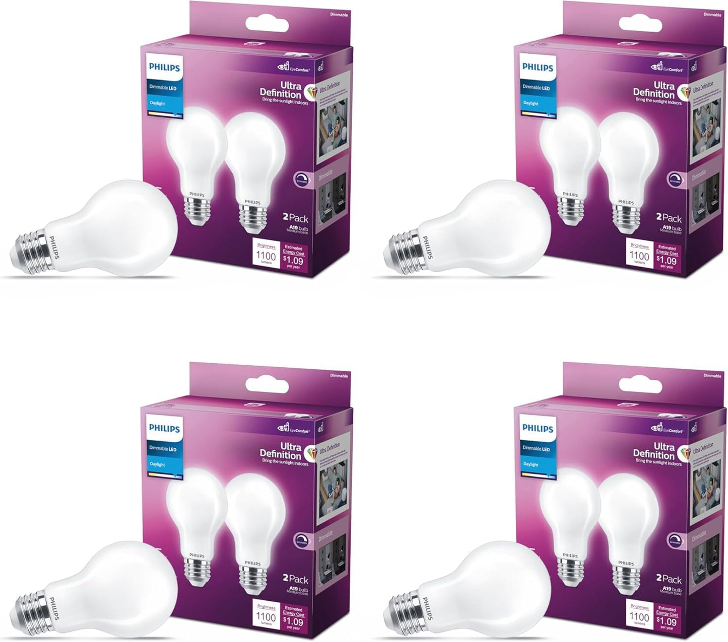 PHILIPS LED 75W A19 4-Pack Ultra Definition Daylight (5000K) 1100 Lumen (9W = 75W) Dimmable Frosted Flicker-Free Light Bulbs