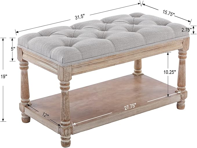 Farmhouse Storage Bench Wooden Entryway Linen Upholstered Ottoman Button Tufted