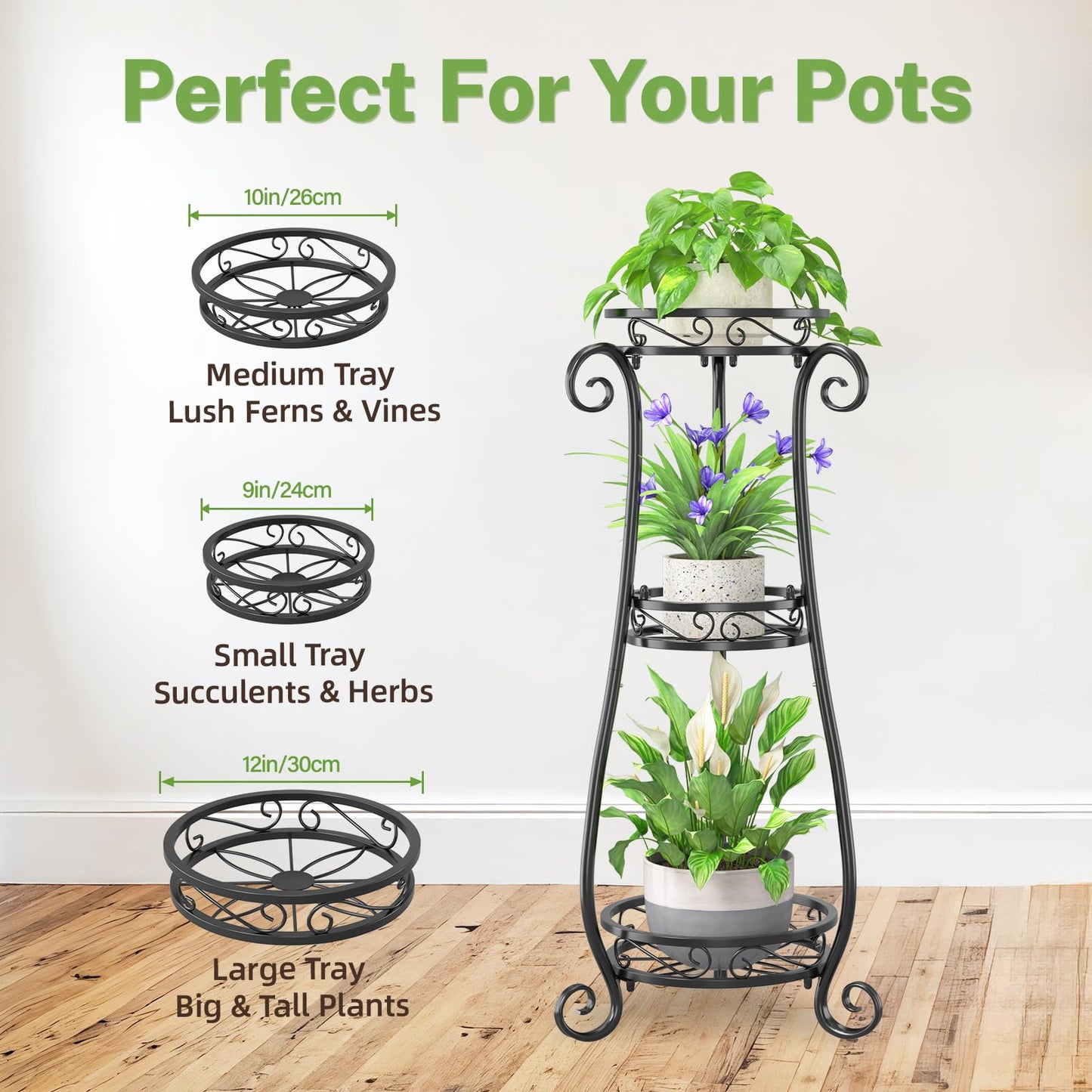 iDavosic.ly 3 Tier Metal Plant Stand Indoor Outdoor, Wrought Iron Corner Tall Flower Pot Holder Shelf, 34 Inch Vertical Heavy Duty Display Rack for Patio Porch Living Room Garden, Black