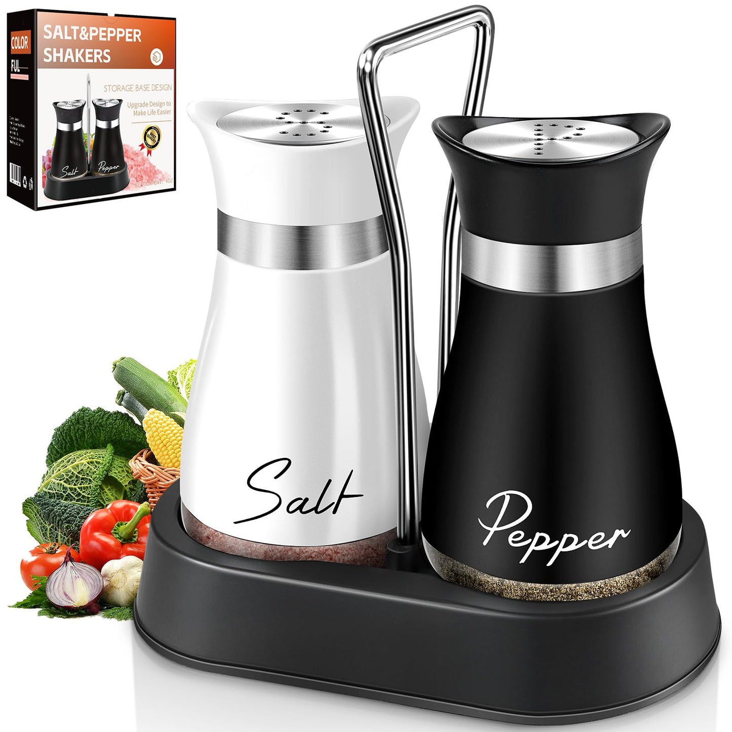 Salt and Pepper Shakers Set, 4 oz Stainless Steel Salt Shaker, Farmhouse Salt Pepper Shaker Containers with Glass Bottom for Kitchen Gadgets Cooking Table, BBQ, Bar, RV, Camp (Black&White)