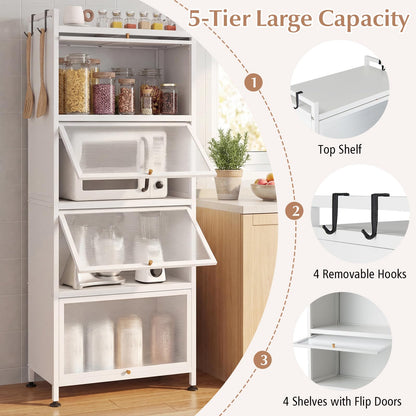 Giantex 5-Tier Kitchen Storage Cabinet, Mobile Microwave Stand with Flip-up PC Doors, Freestanding Kitchen Bakers Rack with 4 Rolling Casters, for Dining Room, Living Room and Study (White)