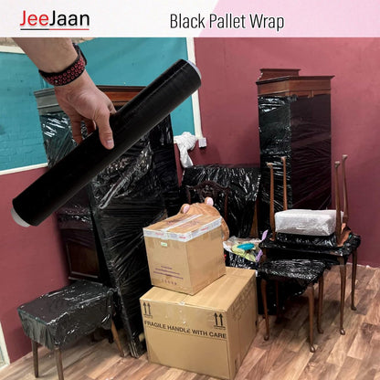 JeeJaan® 2 Rolls Black Pallet Wrap 400mm x 250m, Non-Extended, 20mu - Strong Stretch Shrink Cling Film - Ideal for Wrapping - Warehouse, Moving House & Furniture