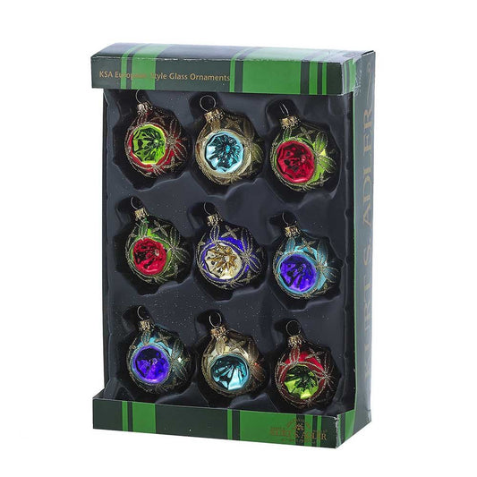 45MM Glass Multicolored Reflector Ornament Set, 9 Piece Set