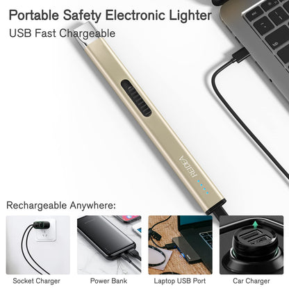 REIDEA Lighters 2 Pack R1 Flat Electronic Candle Lighter, Windproof Flameless USB Rechargeable Arc Lighter with Safe Button and Power Indicator for Candle, BBQ and Fireworks, Champagne Gold and White