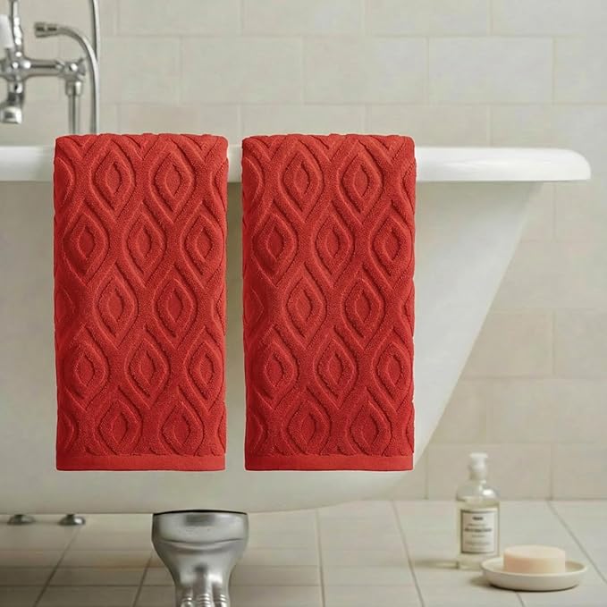 Artoid Mode 2 Pcs Red 3D Diamond Grid Jacquard Hand Towels