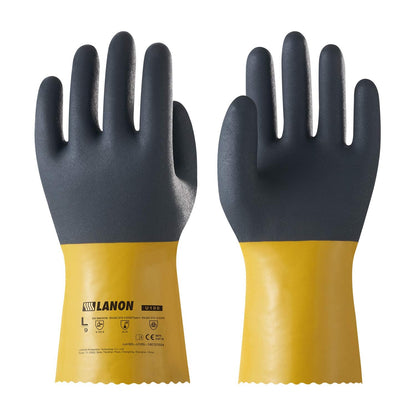 LANON PVC Chemical Resistant Gloves, Reusable Heavy-Duty Work Gloves, Acid, Alkali and Oil Protection, EN 374/388, Non-Slip, X-Large