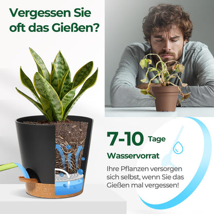 T4U 20 cm Plastic Flower Pot with Watering System, Set of 3 Self-Watering Flower Pot with Saucer, Herb Pot for Indoor and Balcony Garden Plants Succulents Cactus Flower Pot Black