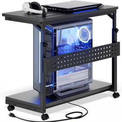 Besiost 32" Large Computer Tower Stand with Power Strips, 4 Levels Manual Height Adjustable PC Tower Stand for Under Desk, Mobile Rolling CPU Holder Computer Cart with Wheels, Carbon Fiber Black
