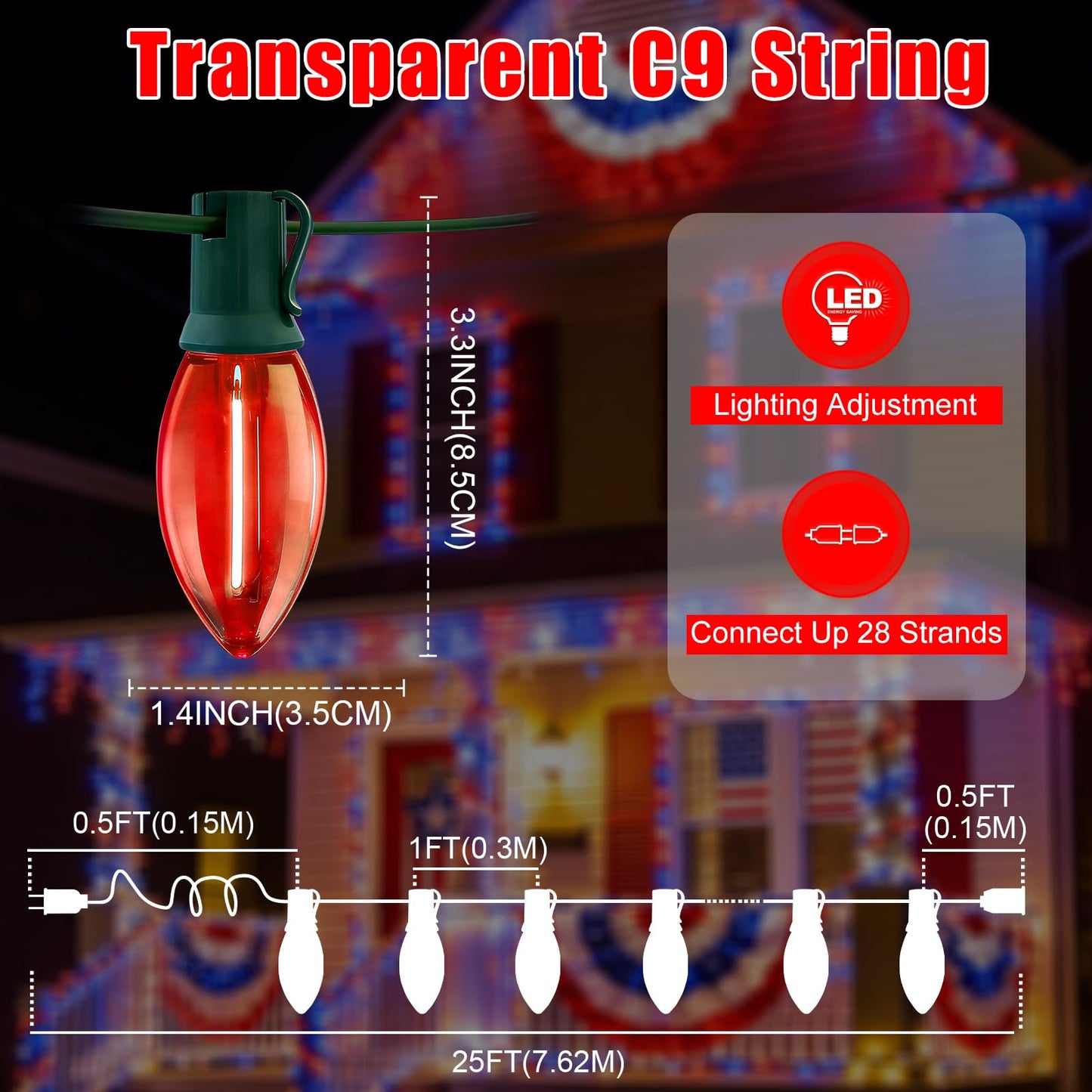 TWINGLEHOME 25 LED Transparent C9 String Lights with Green Wire, Multifunctional Modes Lighting (Red, White, Blue) for Nation Day