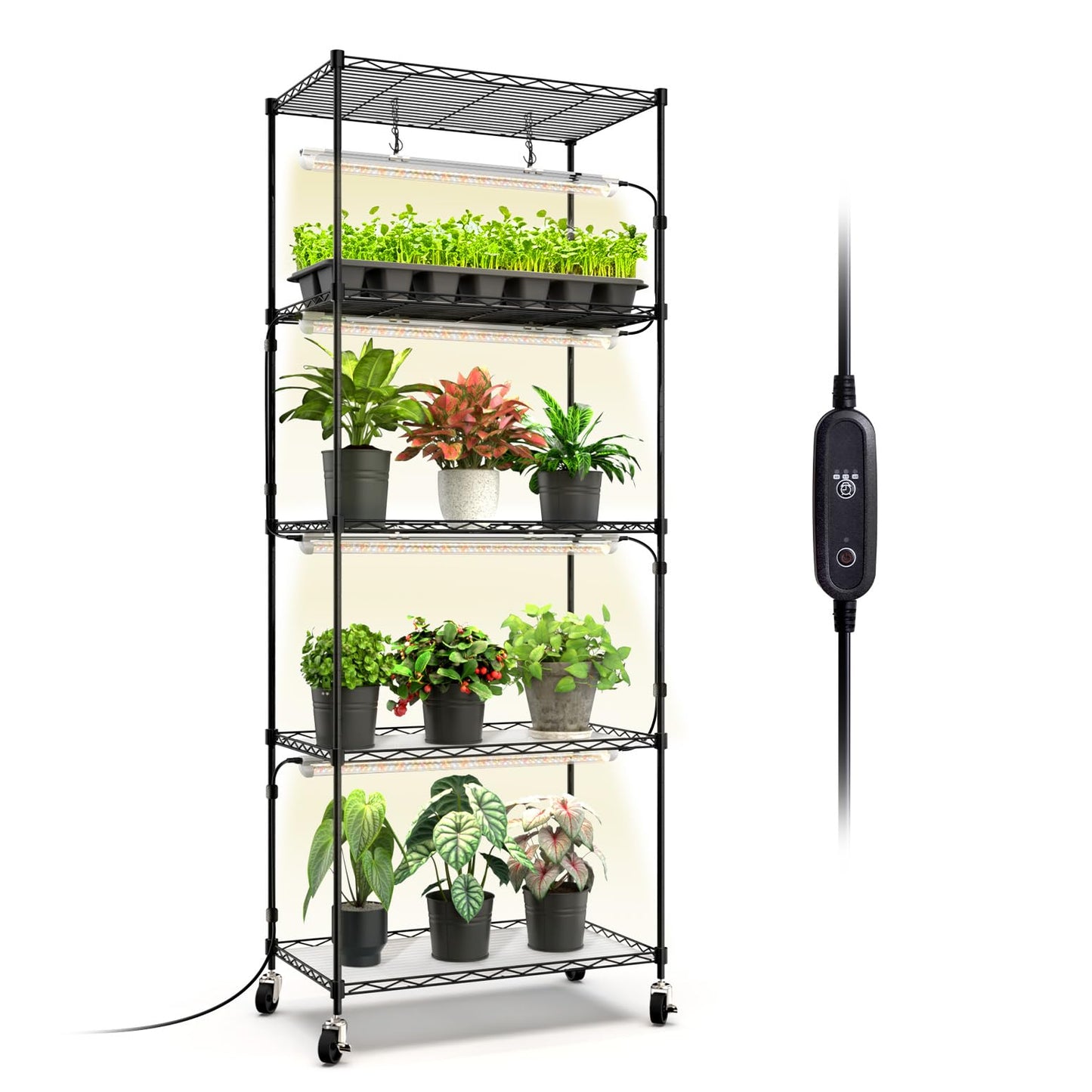 Bstrip Plant Stand with Grow Light, 5-Tier Plant Shelf with 4 Pack T8 Full Spectrum Grow Light for Indoor Plant Seed Starting, Winter to Spring Transition, Seed Tray, Timer & Wheels, 23.5"x13.8"x 59"