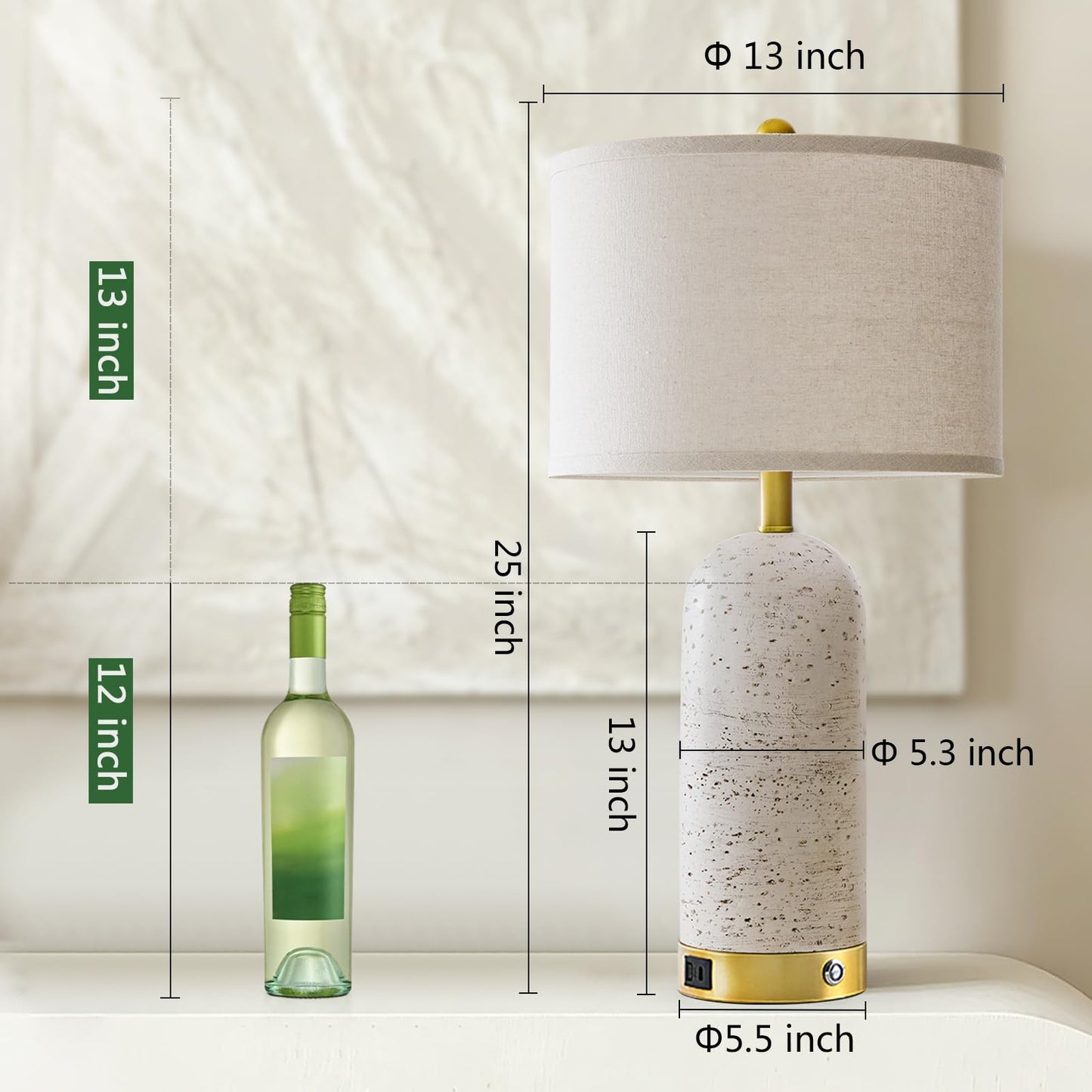RORIA 25" Set of 2 Touch Rustic Table Lamps for Living Room, Resin Stone Travertine Nightstand Modern Lamps with 3-Way Dimmable and USB A+C Ports for Bedroom Entryway, 2 LED Bulbs Included