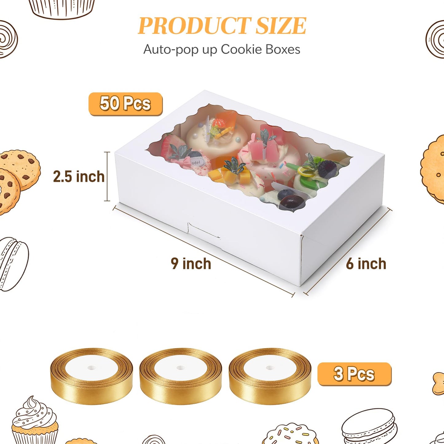 COTOPHER Auto Pop Up Cookie Box with Window 9x6x2.5 Inches – 50 Pack White Bakery Boxes with Gold Ribbon for Birthday Party Favors, Wedding, Christmas Gift Packaging for Cookies, Candy, Macarons