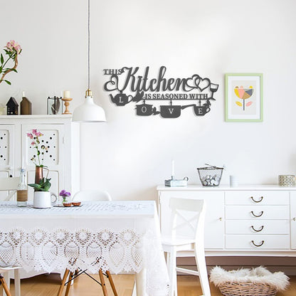KHayRovies Metal Kitchen Wall Decor, This Kitchen is Seasoned with Love Black Word Name Sign Hanging Wall Art Decor, Rustic Iron Letters Quotes for Kitchen Farmhouse Dining Room Home Decor (A)