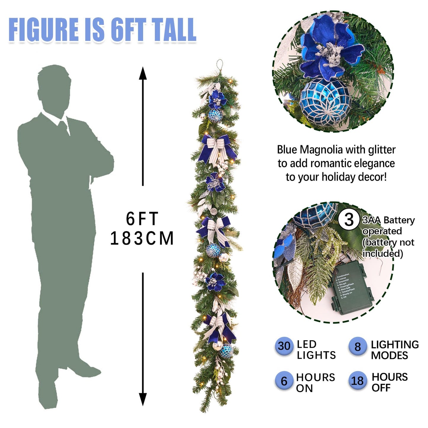 Pre-Lit Christmas Garland for Front Door with 20 LED Lights,6 ft Silver Blue Lighted Christmas Garland for Mantel Fireplace Window Stairs Holiday Decoration with Timer,Magnolia Winter Decor