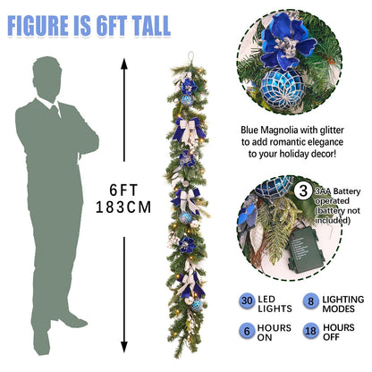 Pre-Lit Christmas Garland for Front Door with 20 LED Lights,6 ft Silver Blue Lighted Christmas Garland for Mantel Fireplace Window Stairs Holiday Decoration with Timer,Magnolia Winter Decor