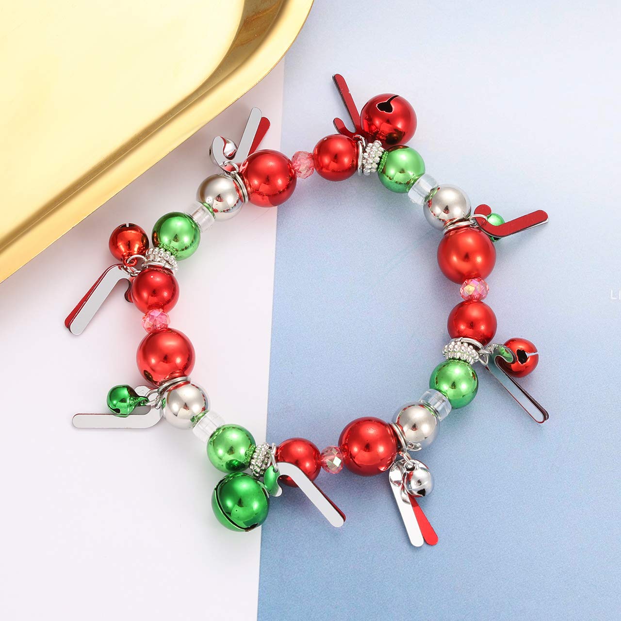 HEIDKRUEGER 3pcs Christmas Jingle Bell Bracelets Xmas Multi Color Beaded Charm Stretch Bracelet Christmas Holiday Party Favors for Women Jewelry Gift
