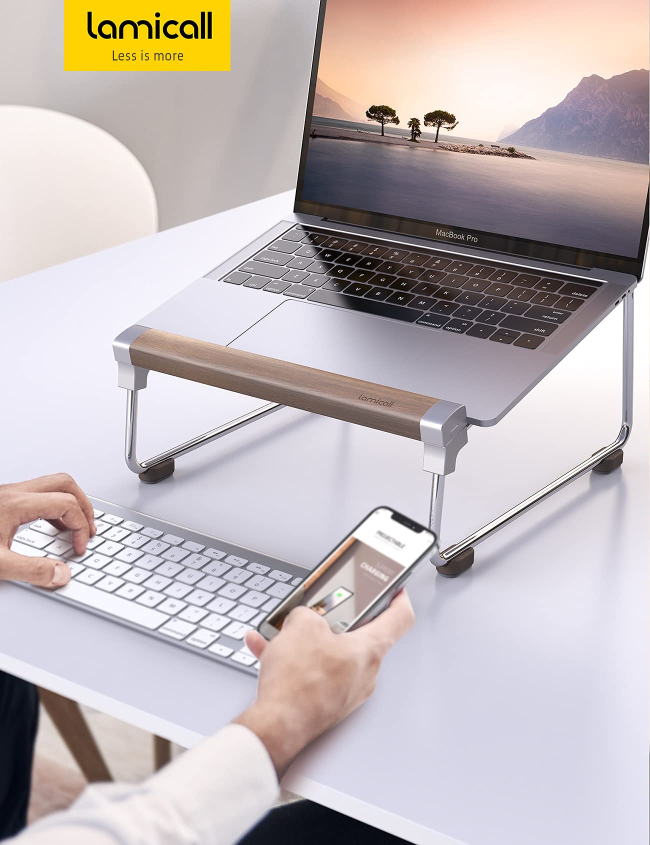 Lamicall Laptop Stand for Desk - Aluminum and Wooden Desktop Notebook Stand Holder, Ergonomic Laptop Holder for MacBook Air/Pro, Dell, Hp, Msi, Asus, Acer, Chromebook, Surface Pro and 10-16'' Laptop