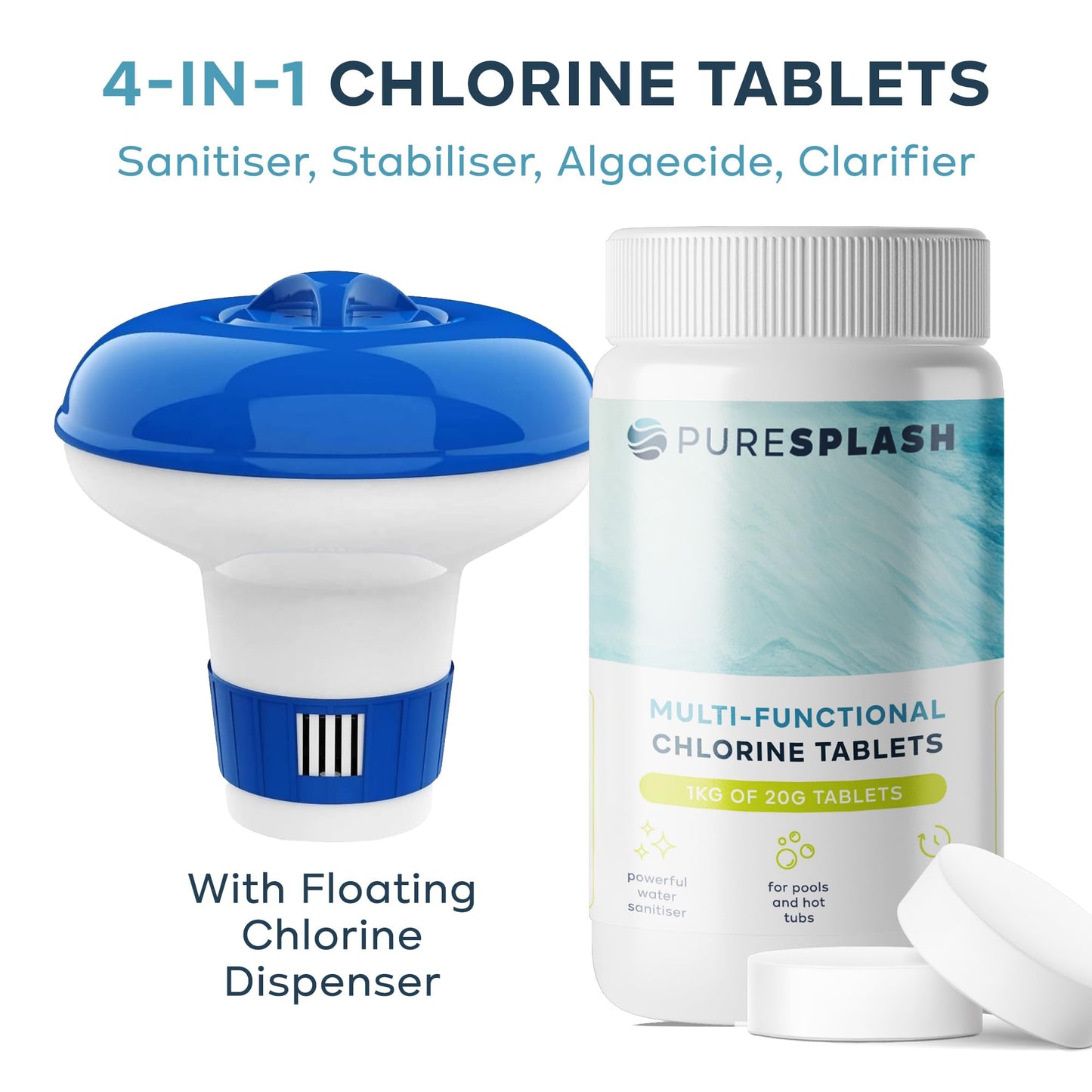 𝐏𝐔𝐑𝐄 𝐒𝐏𝐋𝐀𝐒𝐇! 1kg 4-in-1 Chlorine Tablets with Floating Dispenser – Hot Tub & Pool Chemicals for Inflatable, Paddling & Above-Ground Pools | Sanitiser, Algaecide, Stabiliser, Clarifier