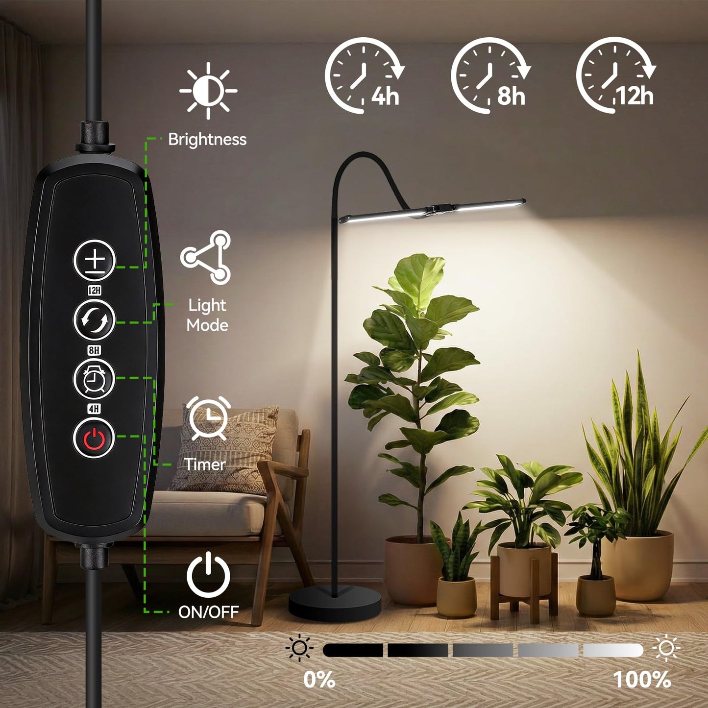 3CCT Grow Lights for Indoor Plants, 168 Full Spectrum LED Plant Light for Indoor Growing with 180° Expandable Lamp Head, 4/8/12H, Dimmable, 67in Tall Adjustable Standing Grow Light with 360° Gooseneck