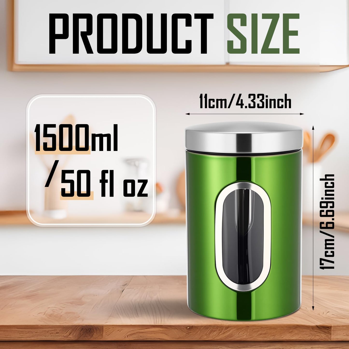 Zopeal 6 Pack Green Canisters Sets For Kitchen 50oz Stainless Steel Kitchen Canisters with Transparent Windows Flour Sugar Container Metal Jar Countertop Set for Coffee Tea Decorative