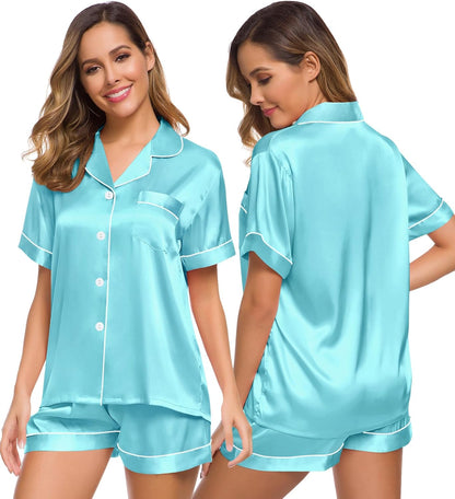 SWOMOG Womens Silk Satin Pajamas Set Short Sleeve Sleepwear Button Down Top and Shorts Loungewear 2 Piece Pjs Set XS-3XL