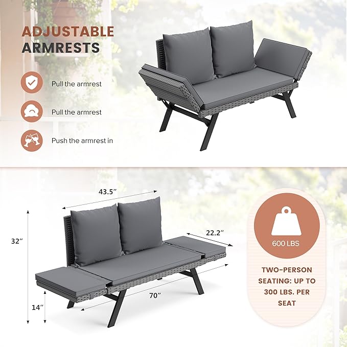 Flamaker Outdoor Convertible Sofa, Woven Rattan Patio Furniture Sunbed