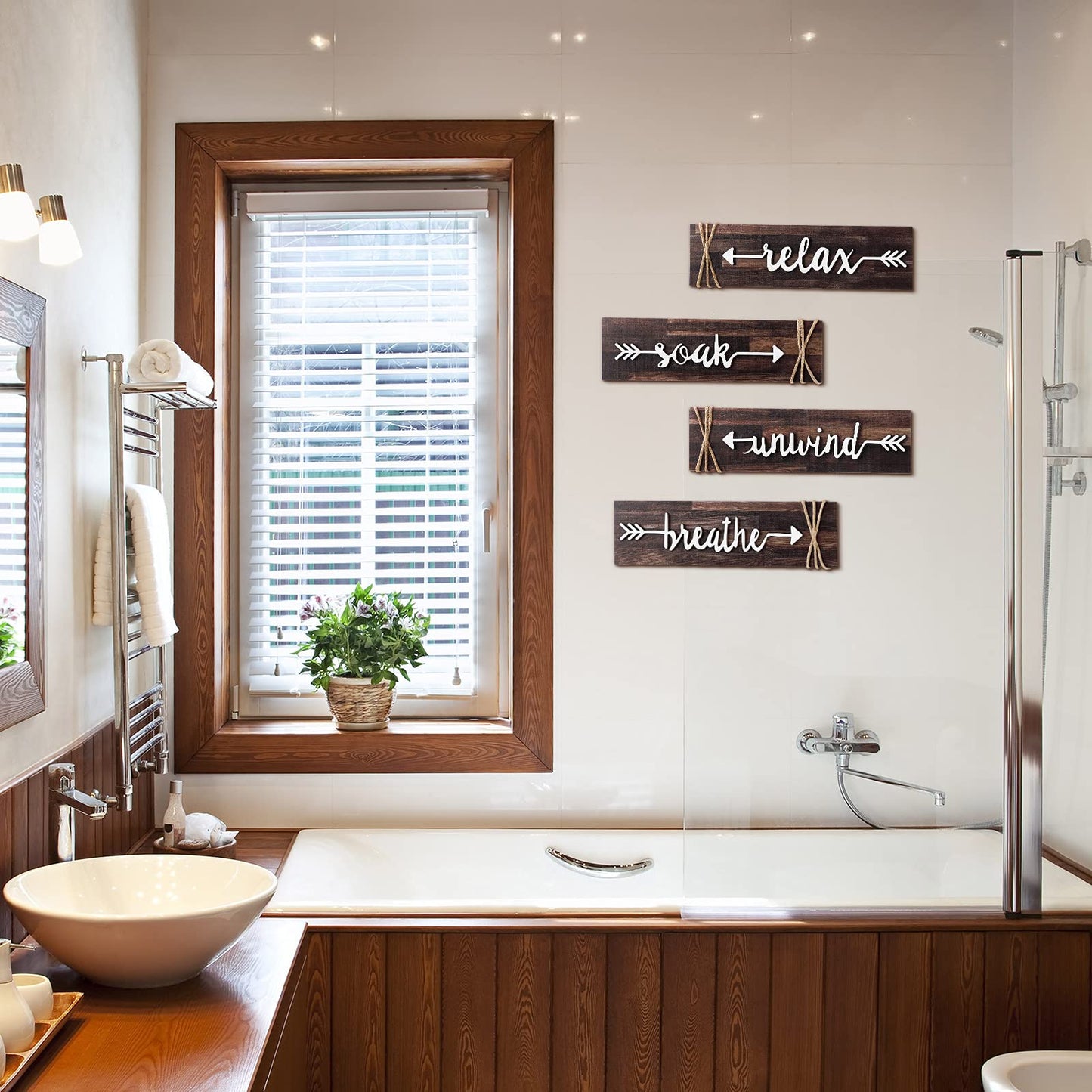 Jetec 4-Piece Farmhouse Rustic Bathroom Wall Art: Soak, Relax, Unwind, Breathe - Brown Wooden Signs with Arrows - Bathroom Decor