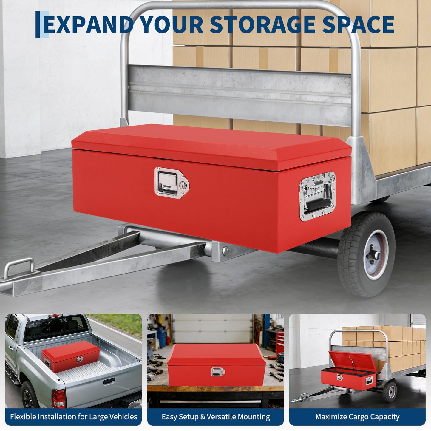 GOCAPTAIN Heavy Duty Steel Metal Tool Box 39" for Truck Bed, Locking Plate Crossbed Storage Chest with Gas-Strut Assisted Lid, Weather-Resistant Truck Bed Tool Box for Pickup, Trailer, RV