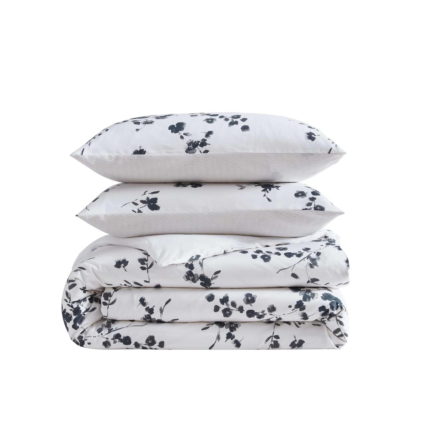 Vera Wang - Queen Size Duvet Cover Set, 100% Soft & Smooth Cotton Sateen Floral Bedding, 3-Piece Reversible Bed Set with Matching Pillowcases (Noir Bouquet/Ikat Line Grey)