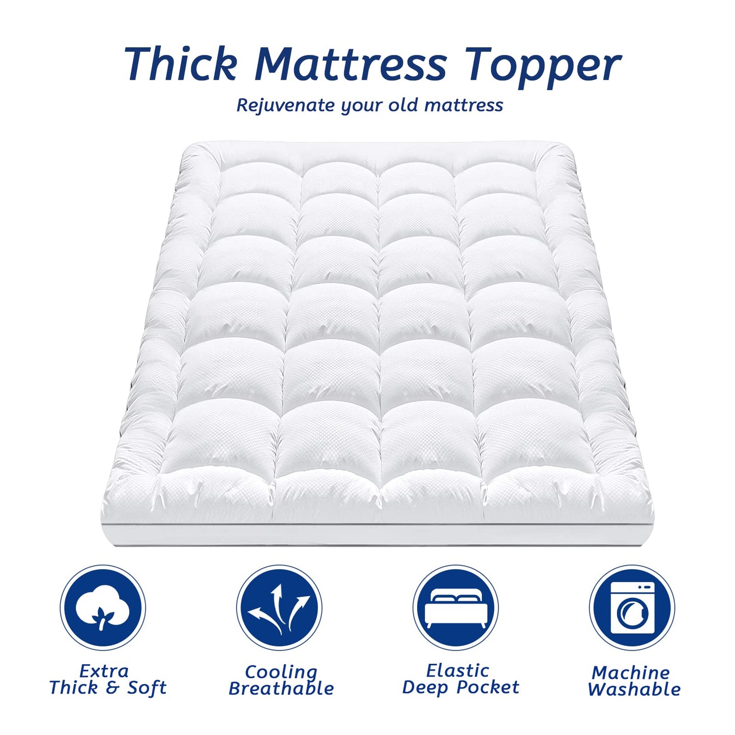 Full Size Mattress Topper for Back Pain, Cooling Extra Thick Mattress Pad Cover with 8-21 inch Deep Pocket, Plush Pillow Top Mattress Topper Overfilled with Down Alternative, Full Size, White